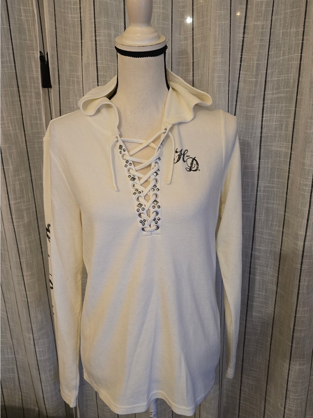 Harley-Davidson Cream Lace-Up Hooded Long Sleeve Top with Embroidered HD Chest